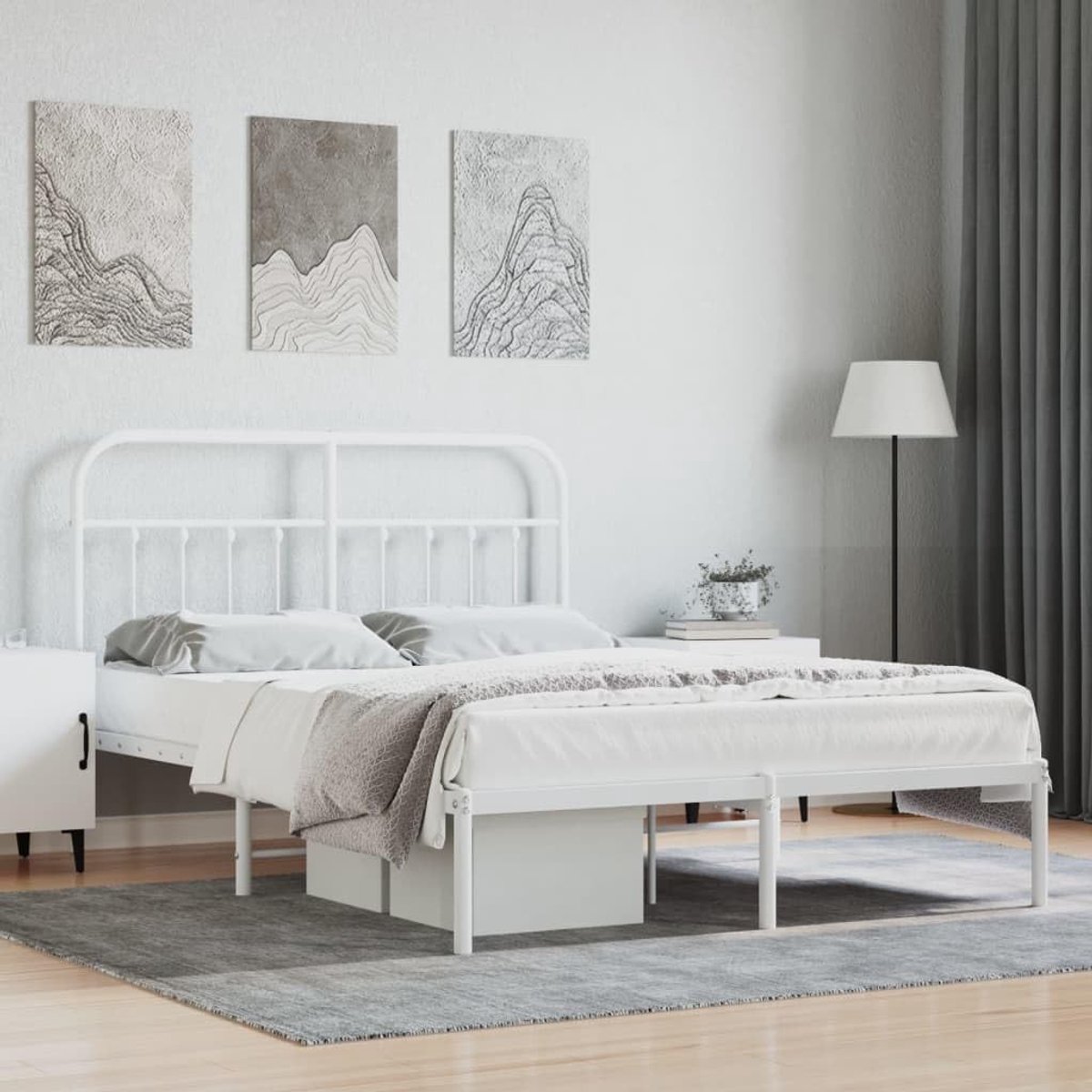 Bedframe met hoofdeinde, metaal, wit, 140 x 190 cm, hotelbedframe, slaapkamer, bedframe voor woonkamer, slaapkamer
