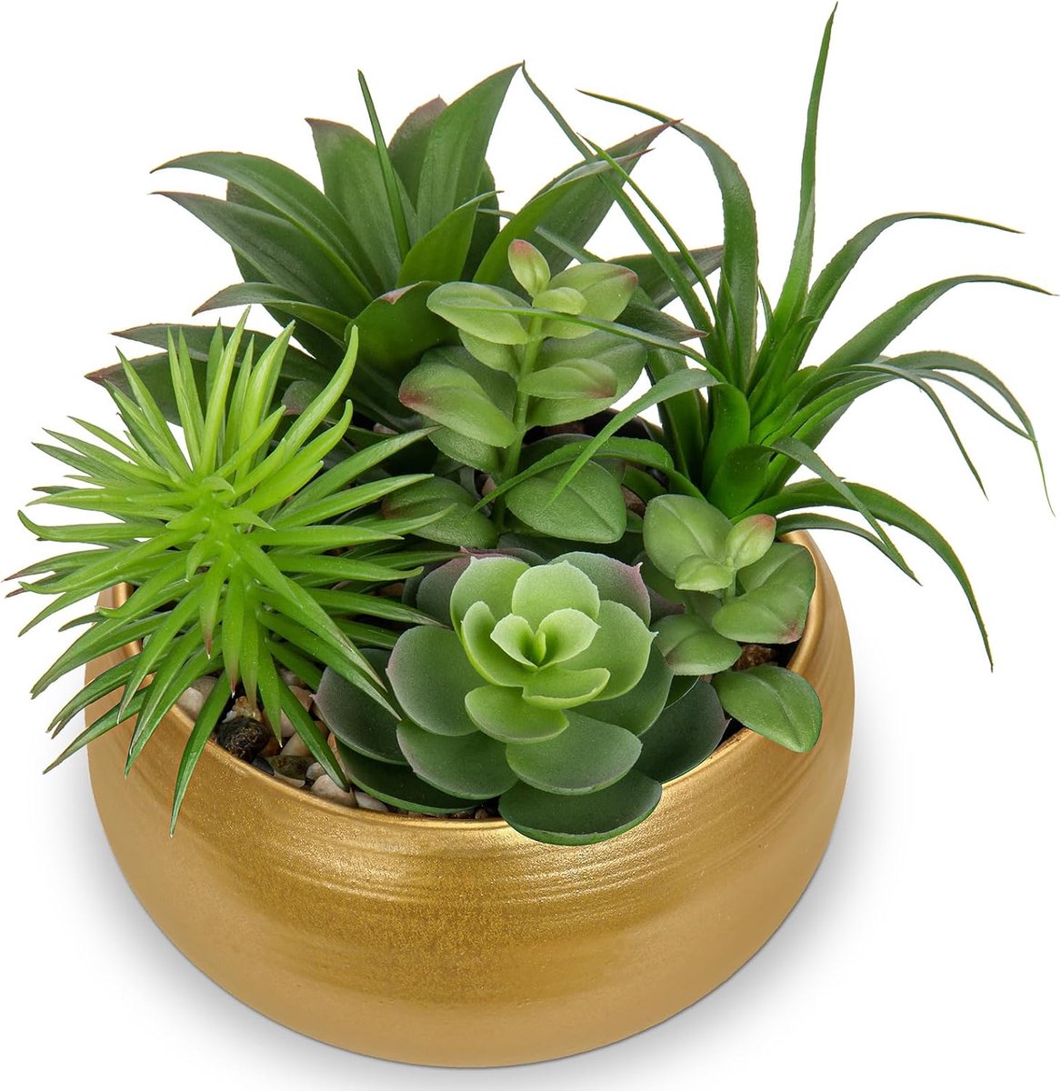 Kunstmatige vetplanten in pot voor binnen, nepmix, vetplanten in gouden keramische pot, realistische kunstplant in potten voor vensterbank, kantoortafel, thuis, badkamer, woonkamerdecoratie