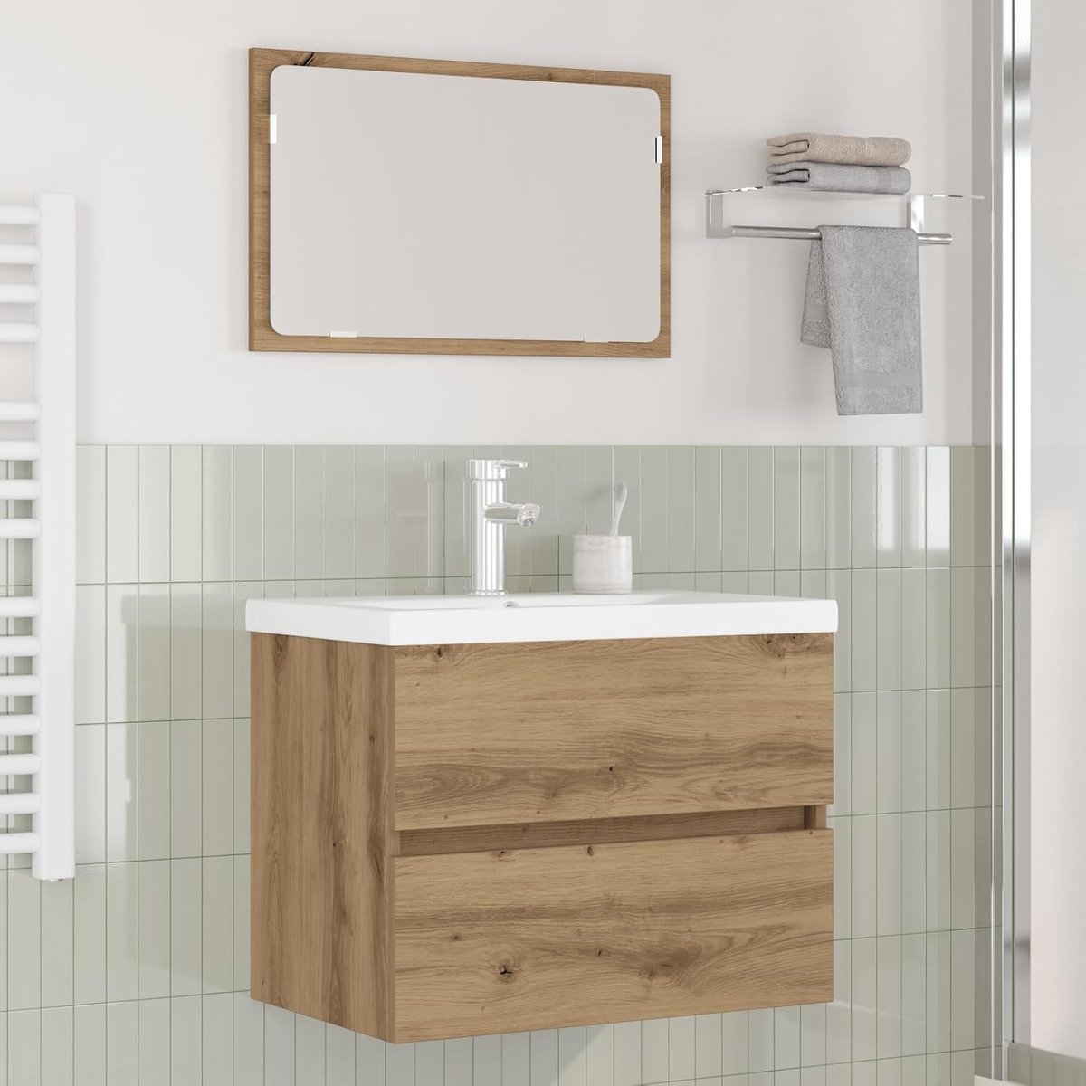 Badkamermeubelset, 3 stuks, zwart eiken, 60 x 38,5 x 45 cm, modern design, veel opbergruimte, robuuste constructie, eenvoudige montage, waterdichte materialen, elegante opslag