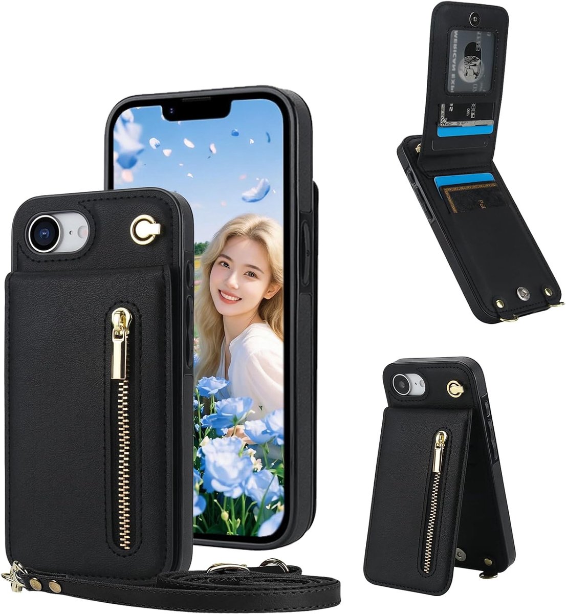 Hoesje voor iPhone 17e, met Crossbody Strap ZP Zwart | Dames Afneembaar Koord Lanyard Wallet Case, PU Leather Flip Hoesje met Rits Kaartenvak & Standaard voor iPhone 16e