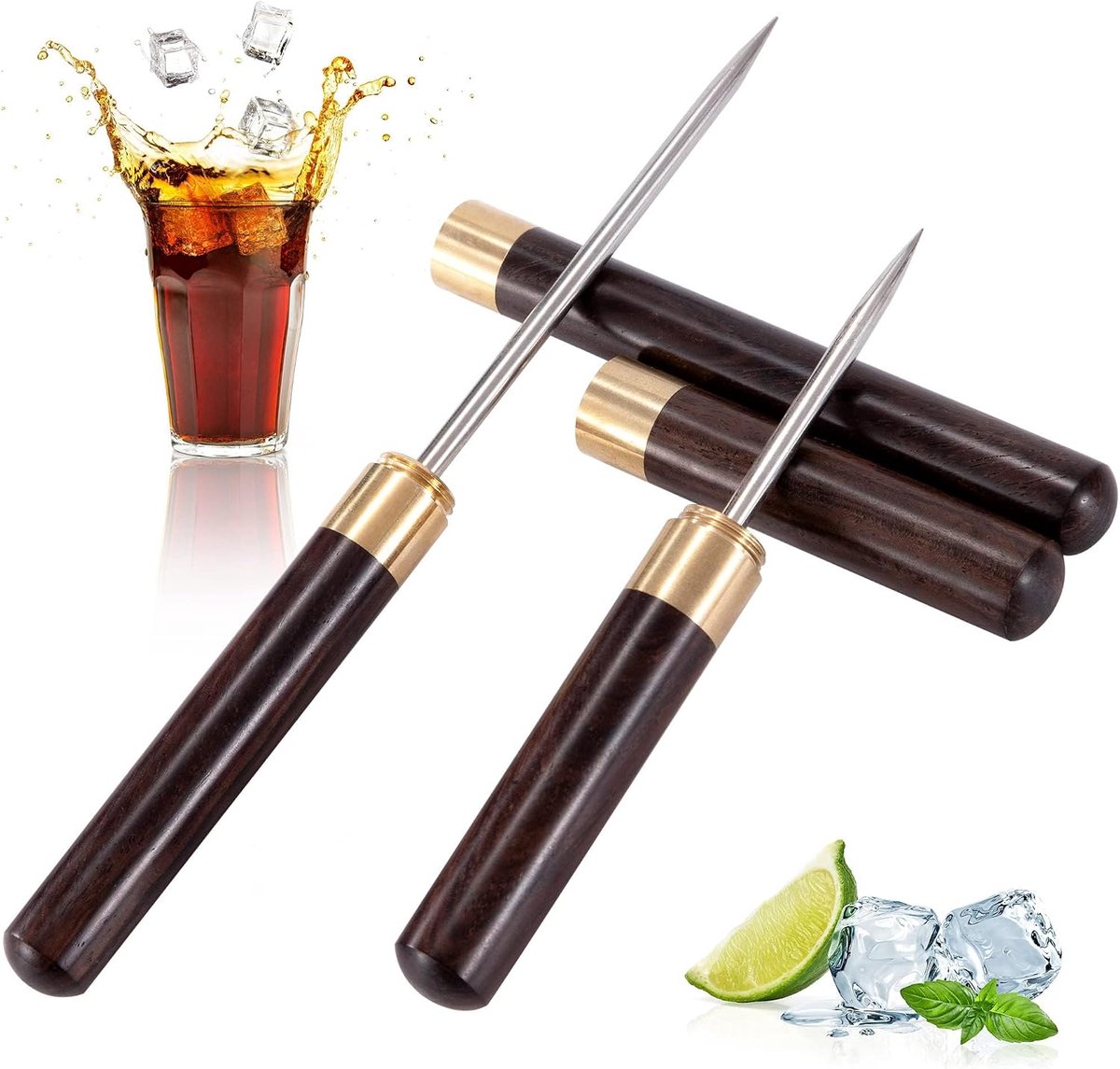 IJsspieken van roestvrij staal, 2 stuks, ijspecht gereedschap, keuken, molen met veiligheid, houten handvat voor picknick, camping, cocktails, barman, bars, thuis