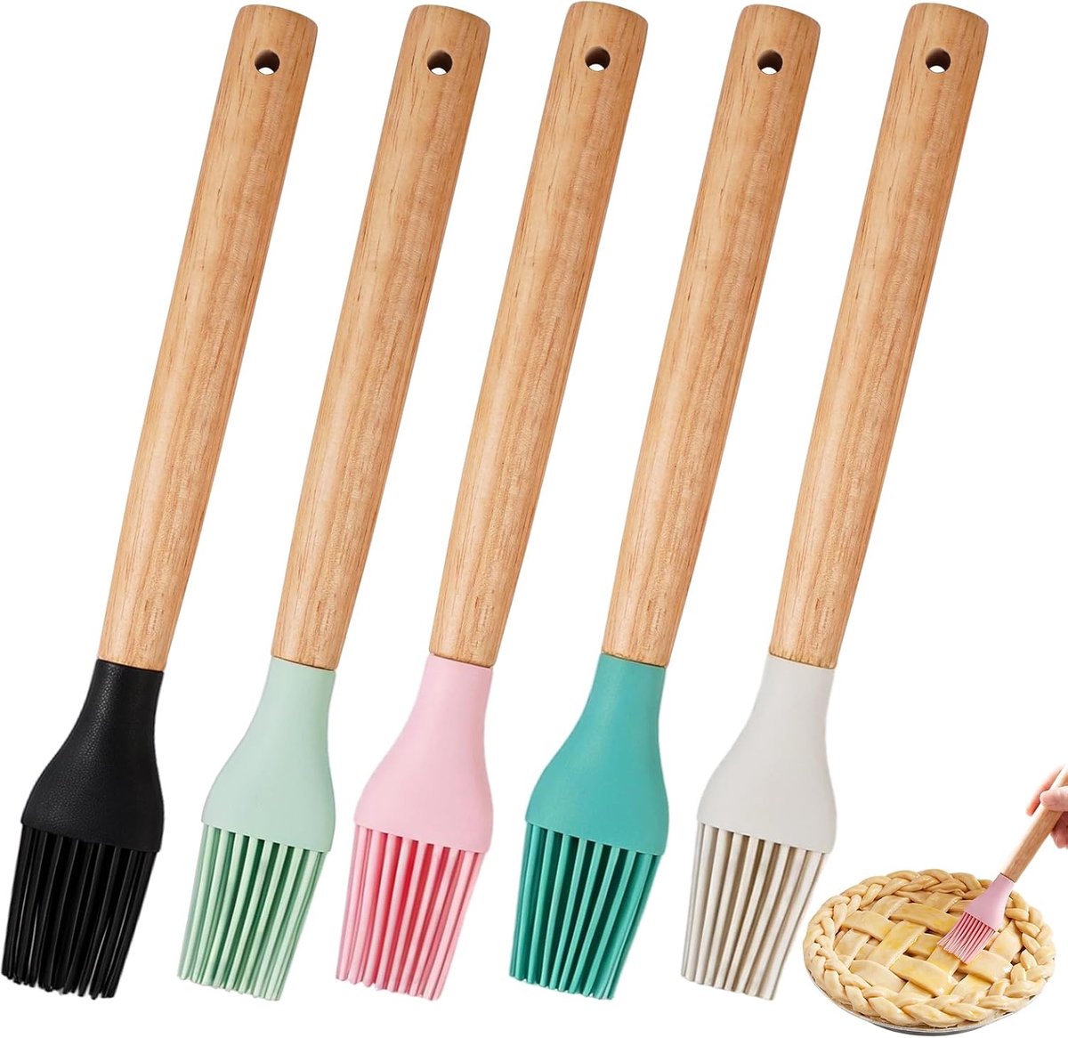5 Stuks Bakkwast Siliconen Set Keukenkwasten met Houten Handvat, 22.4 cm