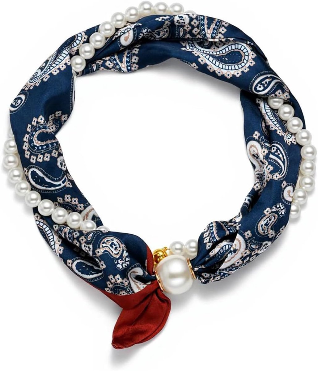 Luxe Zijden Sjaal Blauw, Satijnen Doek met Pareldecoratie en Paisley-Patroon, 48 × 13 cm Modieus Modeaccessoire