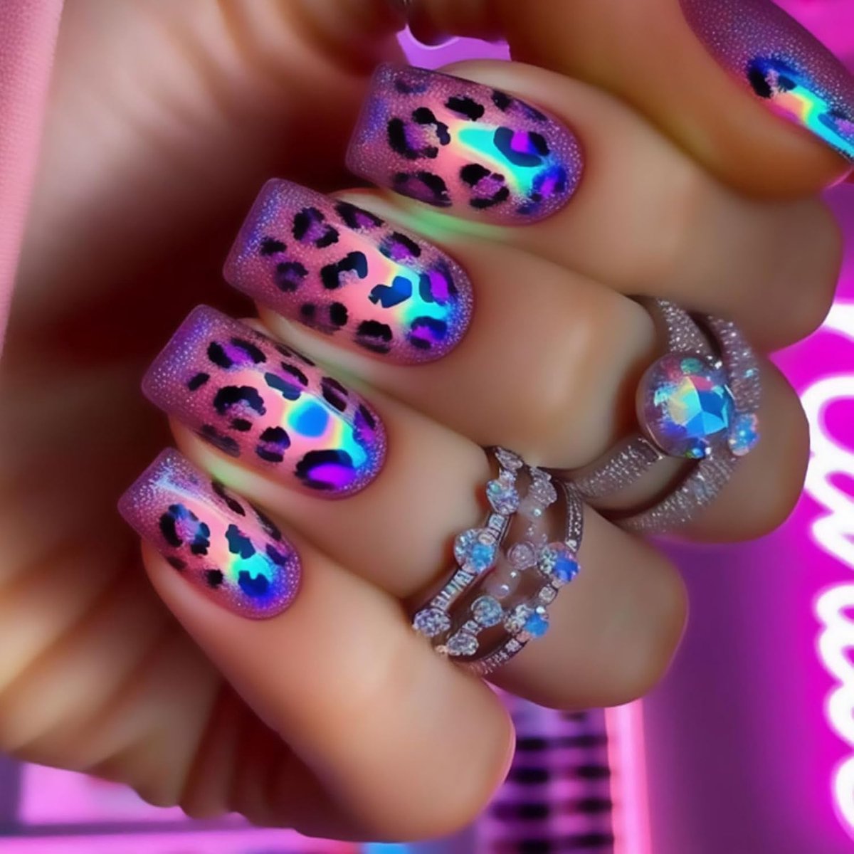24 stuks kunstnagels, medium, vierkant, paars, luipaard, French press on nagels, kleurverloop, glanzend, acryl, volledige dekking, kunstnagels, natuurlijke nepnagels voor vrouwen en meisjes