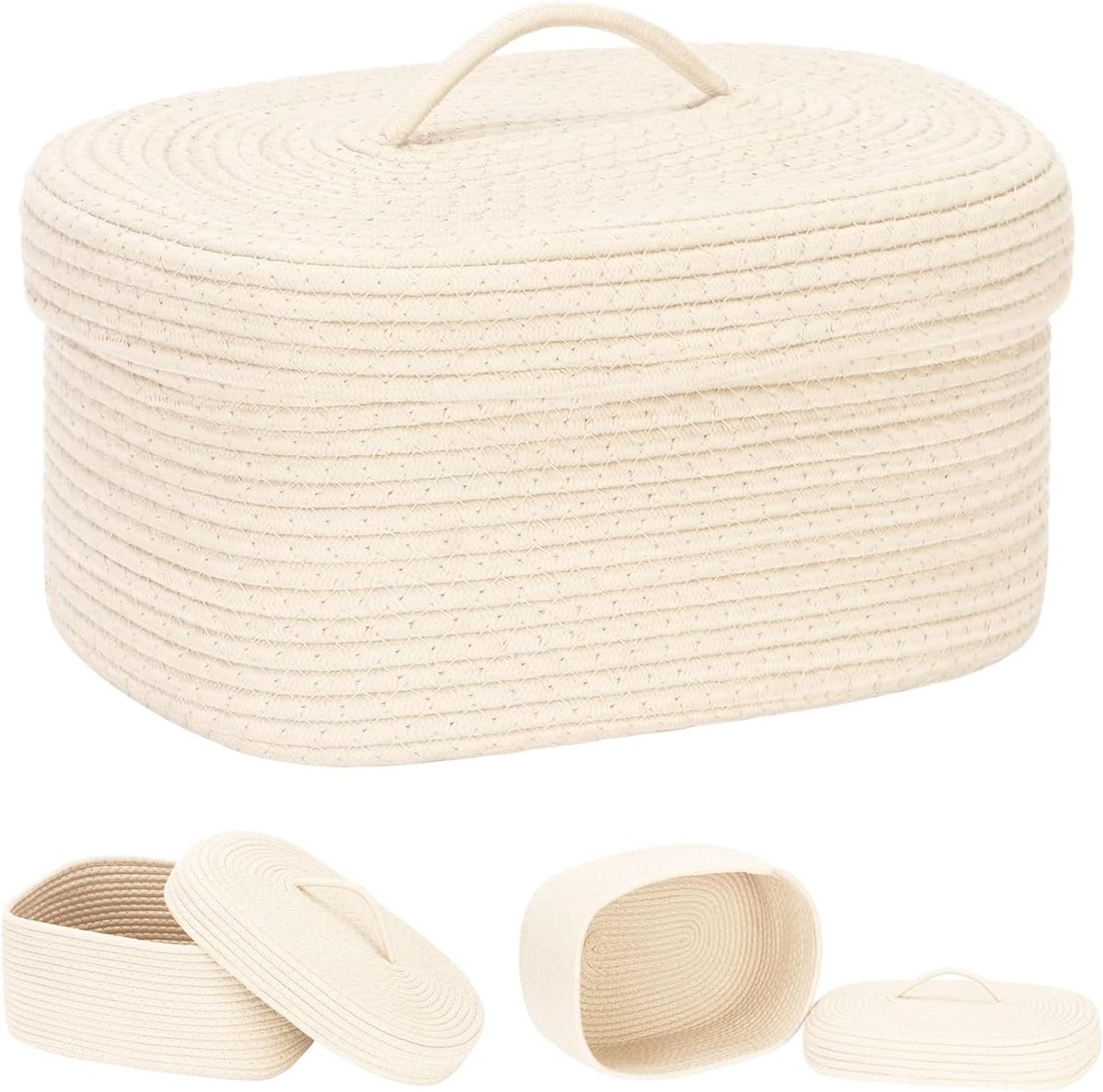 Opbergmand met deksel, katoen, gevlochten, wit, 38 x 28 x 16,5 cm