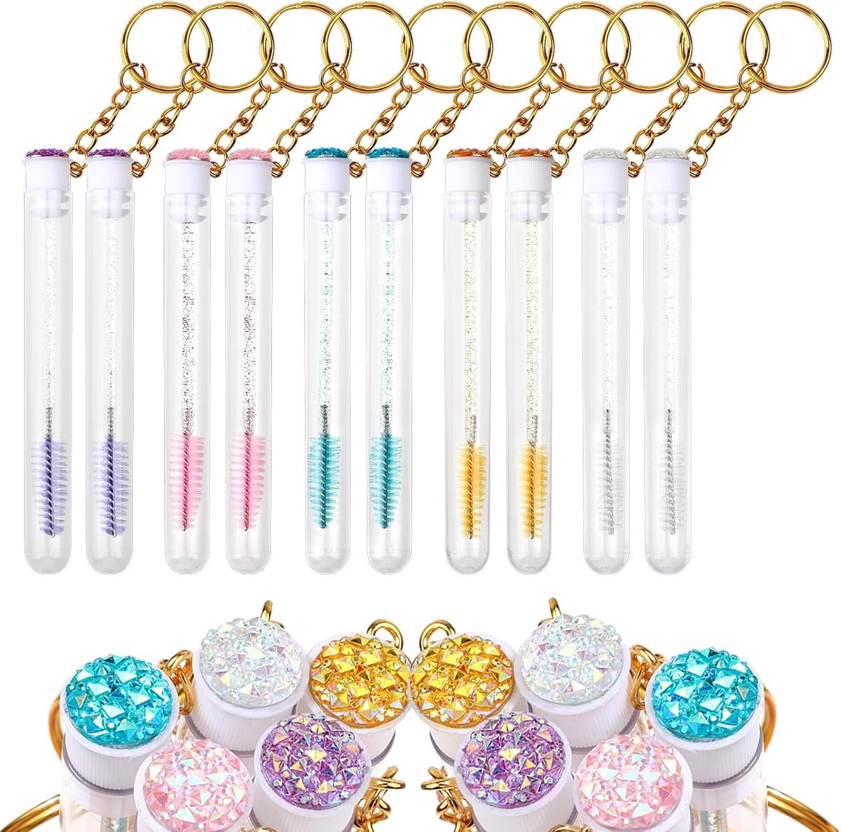 10 Stuks Wegwerp Wimpers Mascara Borstels met Herbruikbare Lege Container en Sleutelhanger - Make-up Tool Kit voor Wimpers en Wenkbrauwen