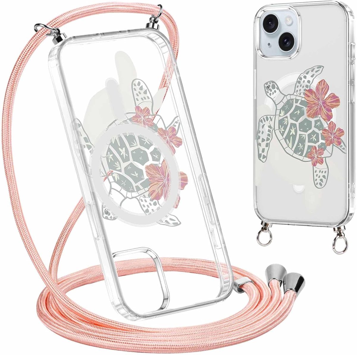 Telefoonhoes met koord voor iPhone 15 6,1 inch (15,5 cm), esthetisch roze bloemen schildpadpatroon, compatibel met MagSafe, transparante PC beschermhoes, magnetische telefoonhoes om om te