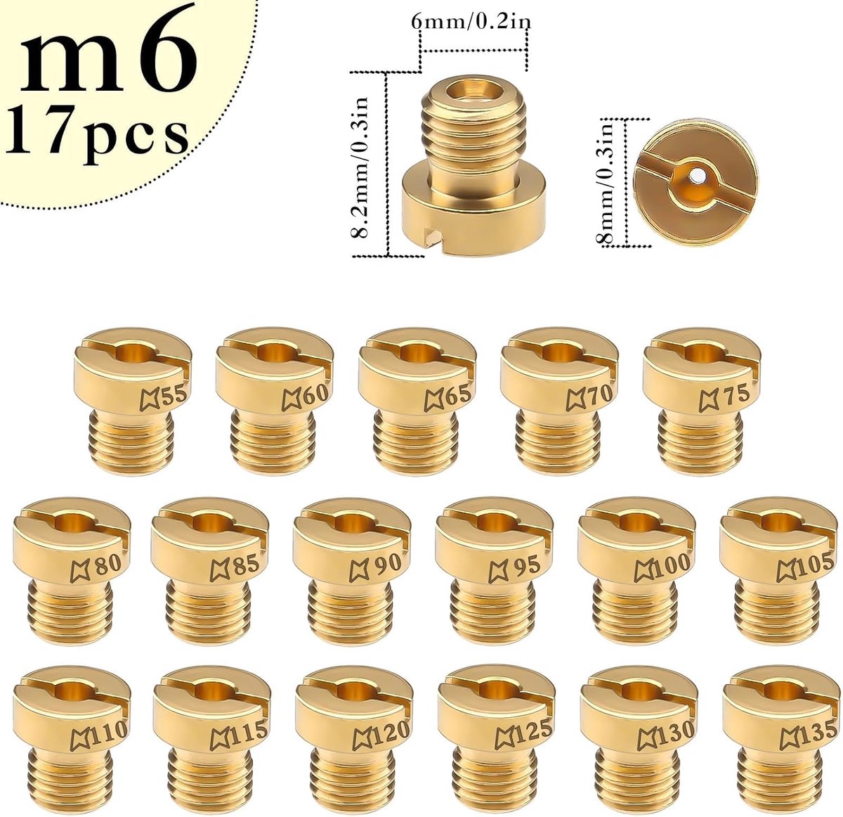 Sproeiers, M6, hoofdsproeierset, (55-135), 55, 60, 65, 70, 75, 80, 85, 90, 95, 100, 105, 110, 115, 120, 125, 130, 135 en 135 sproeiers voor gasbarbecue scooter motorfiets schakelmop, 17