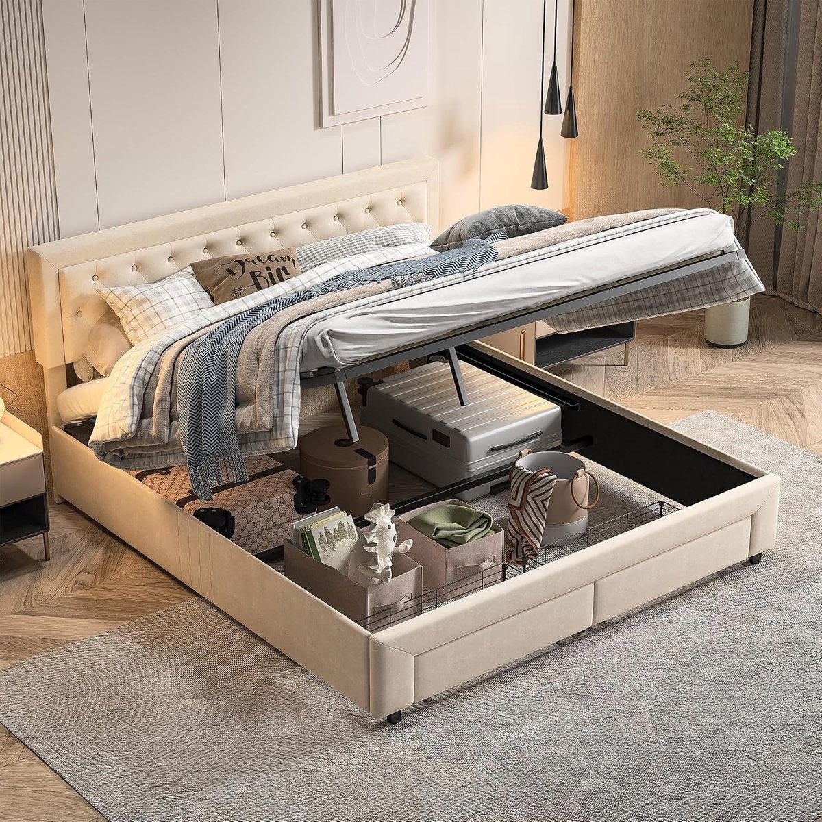 Bed met lattenbodem en 2 laden, gevoerd hoofdeinde met opslag, hydraulische functie, geschikt voor 2 personen, fluweel, beige