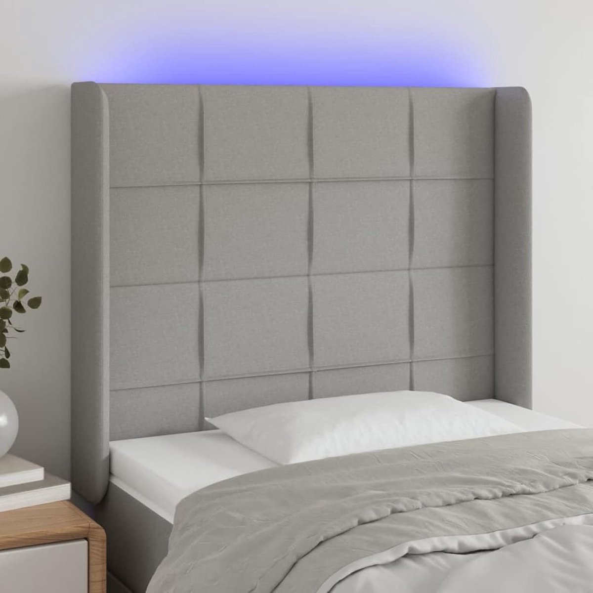 Hoofdeinde met led, lichtgrijs, 103 x 16 x 118/128 cm van stof, hoofdeinde van stof, hoofdeinde met oren, blok met vierkanten