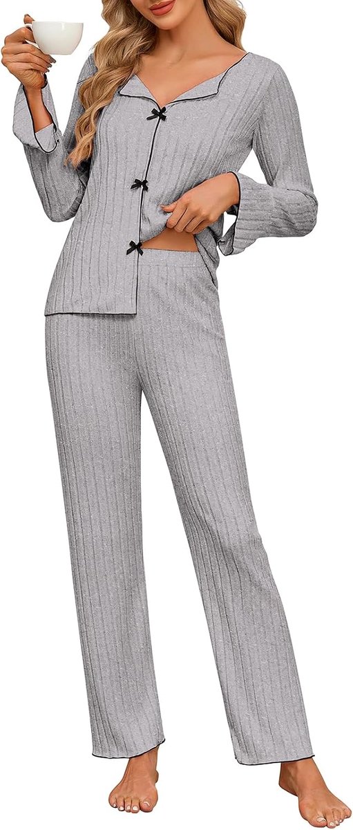 Pyjama-set voor dames pyjama met lange mouwen, zachte lichtgewicht loungewear met strikdetail, dames V-hals 2-delige nachtkleding homewear voor herfst loungen