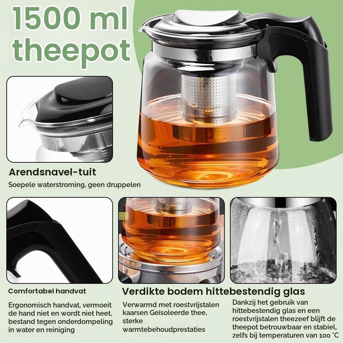 Stijlvolle glazen theepot van 1,5 liter met roestvrijstalen filter, ideaal voor groene, zwarte en kruiden thee — cadeau in Kookcadeaus - foto 2