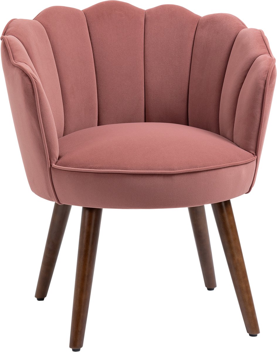 Homona Fauteuil - Met lotusontwerp - Samt-touch polyester - Met houten poten - 66 x 66 x 78,5 cm - Roze