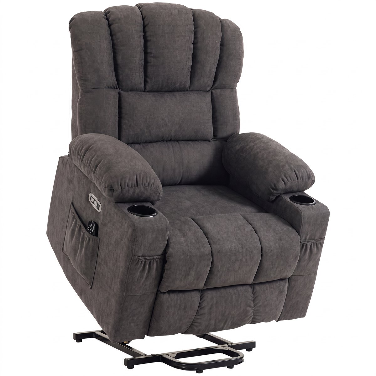 Homona Sta-opfauteuil met massagefunctie en lendenwarmte - Met USB-poorten, bekerhouder en zijvakken - 87 x 92 x 107 cm - Grijs