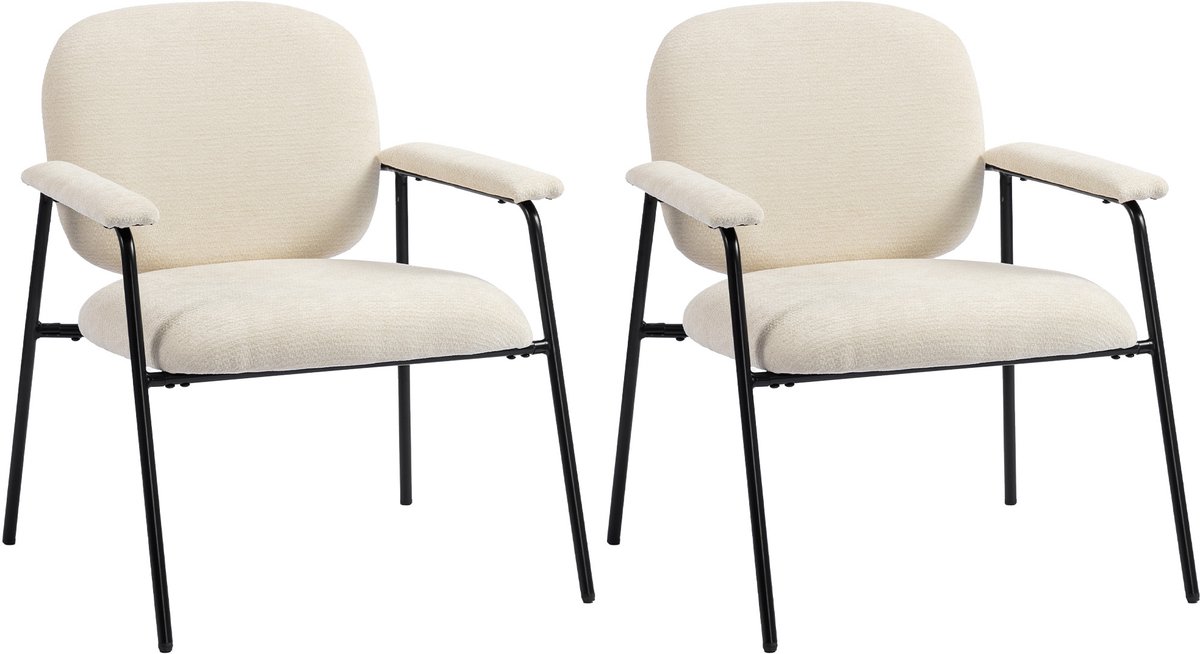 Homona 2-delige fauteuilset - Met Chenille bekleding en metalen frame - 64 x 67 x 76,5 cm - Crèmewit