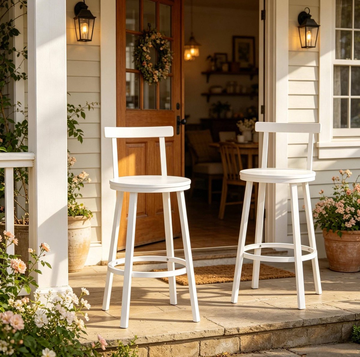 REDOM Barkruk - Met gebogen rugleuning - Metalen frame met voetsteunring - MDF zitting - Set van 2 - Wit - 51,5 x 51,5 x 89 cm