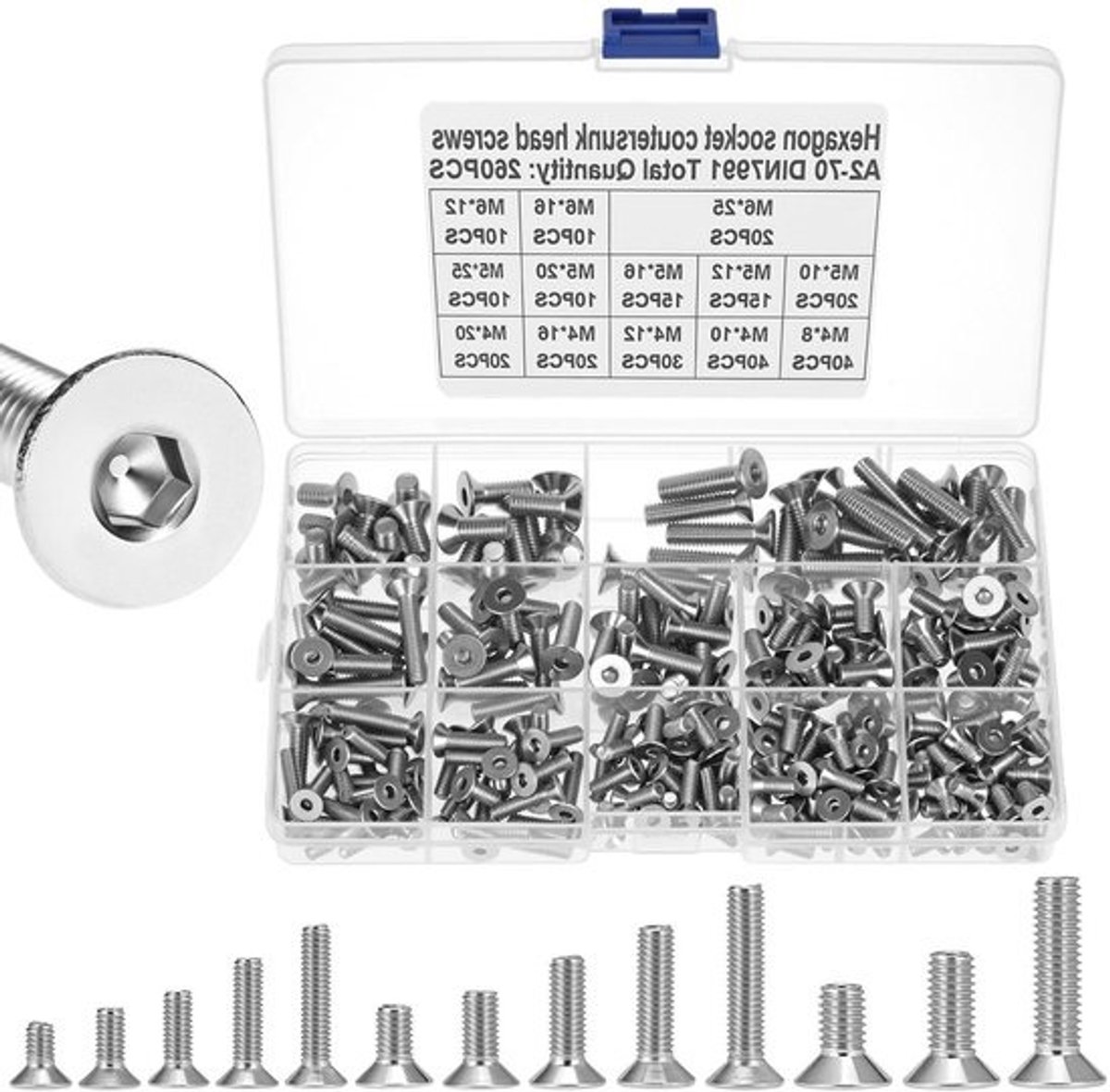Schroevenset - Bevestigingsmiddelen - Voor machiner reparatie - Roestvrij staal - 260 stuks - Zilver