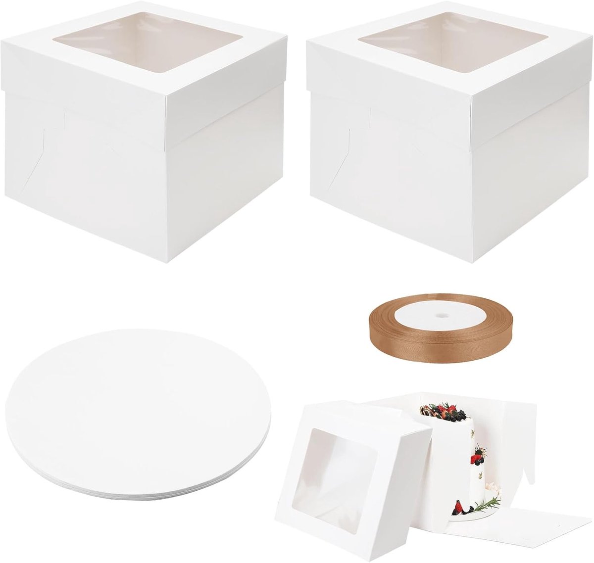 SnelShoppen - 25x25x20 cm Taartdozen Set van 2 met Lint - Hoogwaardige Witte Kartonnen Taarttransportdozen voor Feest, Verjaardag, Bruiloft