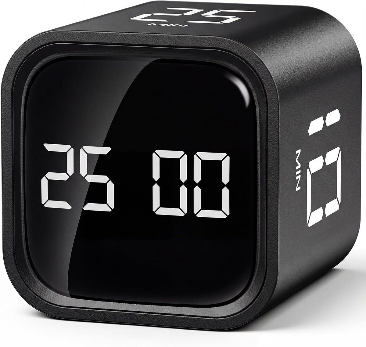 Pomodoro kubus timer - 5/10/25/50 min voorkeuzes en aangepaste modi - focus timer en ADHD hulpmiddel - zwaartekrachtsensor flip - zwart