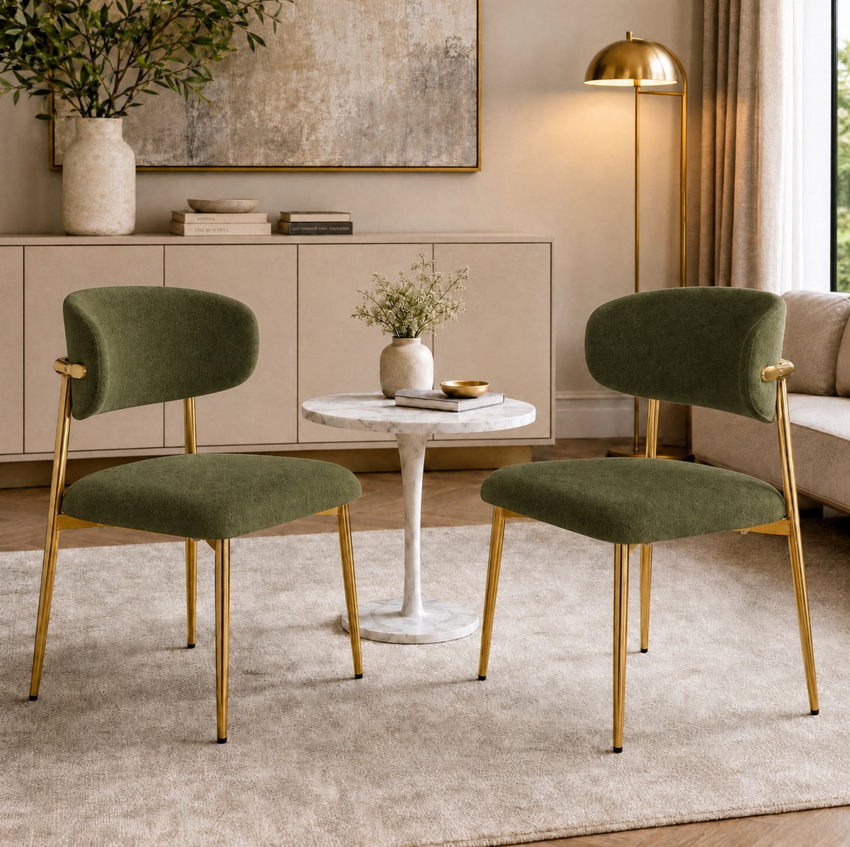 FloraGrace Eetkamerstoelen Set Van 2 - Gestoffeerd Met Gebogen Rugleuning - Voor Eetkamer En Keuken - Polyester En Metaal - Groen Goudkleurig