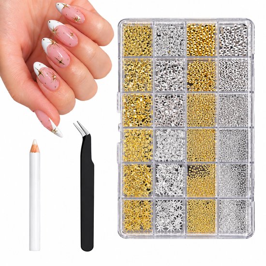 Nagelkunstset met een opbergdoos met gouden en zilveren kralen en sterretjes, inclusief pincet en waxpen.