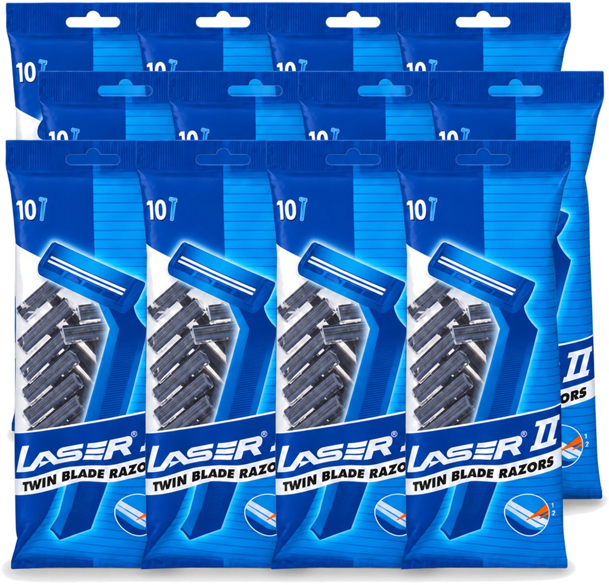 12 x Laser 2 - Ready Razor - Wegwerp - Voor Mannen - 10 Mesjes - Voordeelverpakking - 12 stuks