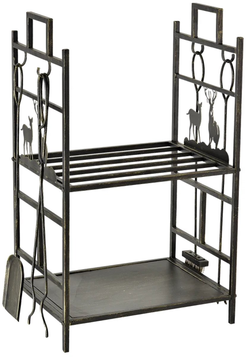 Haardaccessoires - Brandhoutstandaard Met Haardbestek - Brandhoutrek - Openhaardgereedschap - IJzer - 51,5 x 33 x 77 cm - Zwart En Goud