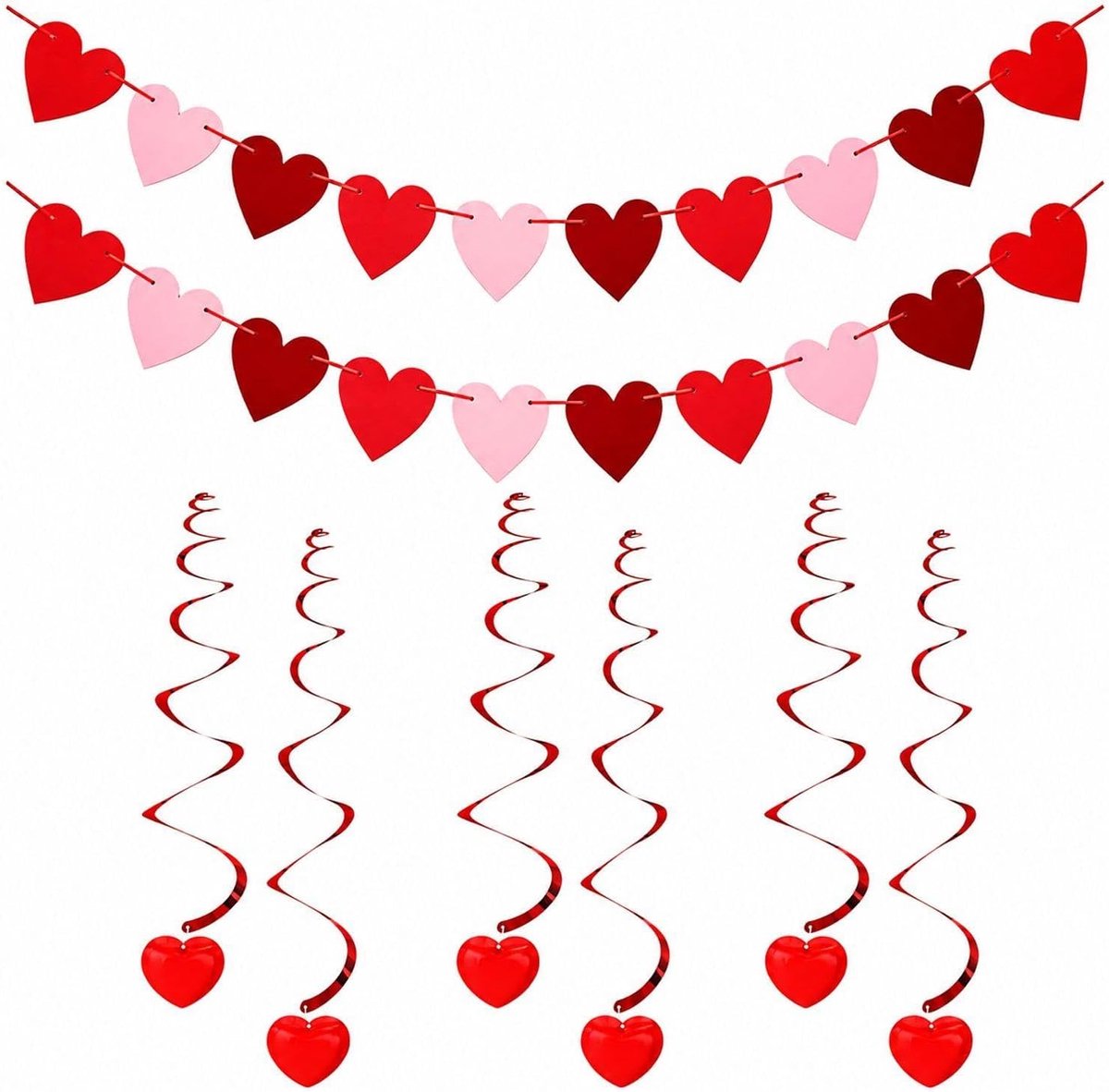 2 Liefdesvlaggen En 6 Liefdesspiralen, Rode En Roze Hartvormige Hangende Decoratie, Accessoires Voor - ShopVlot