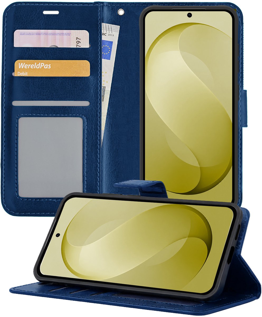Hoesje - Met Pasjeshouder - Geschikt voor Samsung Galaxy S26 FE - Luxe Bookcase Portemonee - Flip Case - Kunstleer Book Case - Flipcase - Book Cover - Walletcase - Portemonneehoes - Telefoonhoesjes - Donkerblauw