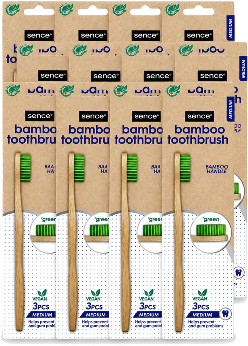 12 x Sence - Bamboo - Tandenborstels - Medium - Set van 3 - Groen - Voordeelverpakking - 12 stuks