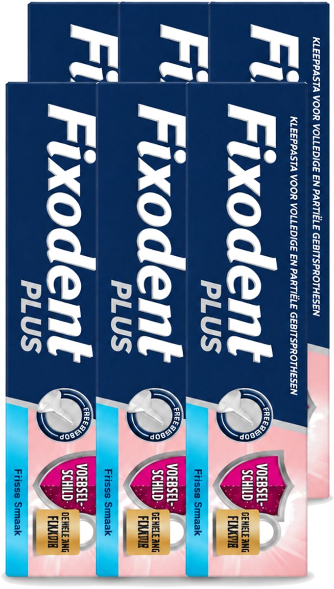 6 x Fixodent Plus – Kleefcrème – Food Barrier – Frisse Smaak – 40 g - Voordeelverpakking - 6 stuks