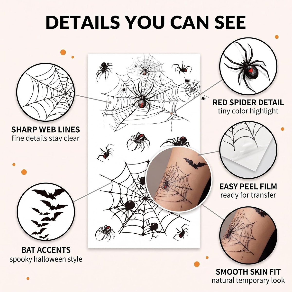 10 vellen Halloween-tatoeages, spinnen, realistische spinnentatoeages, tijdelijke tatoeages voor gezicht en lichaam, griezelige Halloween-decoratie en kostuumaccessoires voor kinderen en