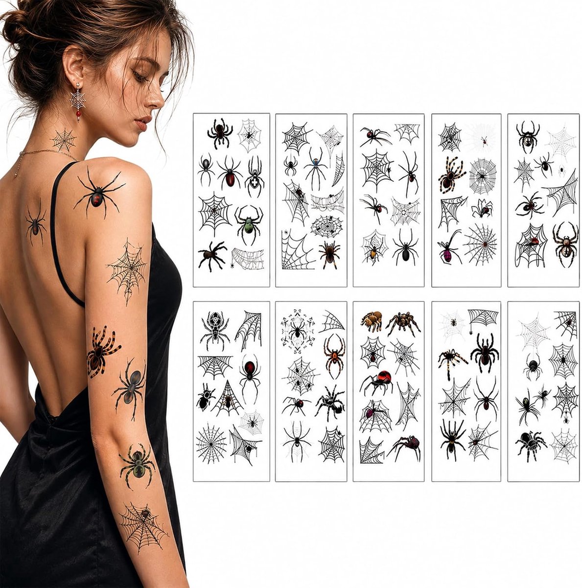 Gezichtstattoo, 10 Vellen Spinnenweb Tijdelijke Tatoeages Tijdelijke Zwarte Spinnen Halloween Tattoos Voor Carnavalskostuum, Zombie-make-up Accessoires