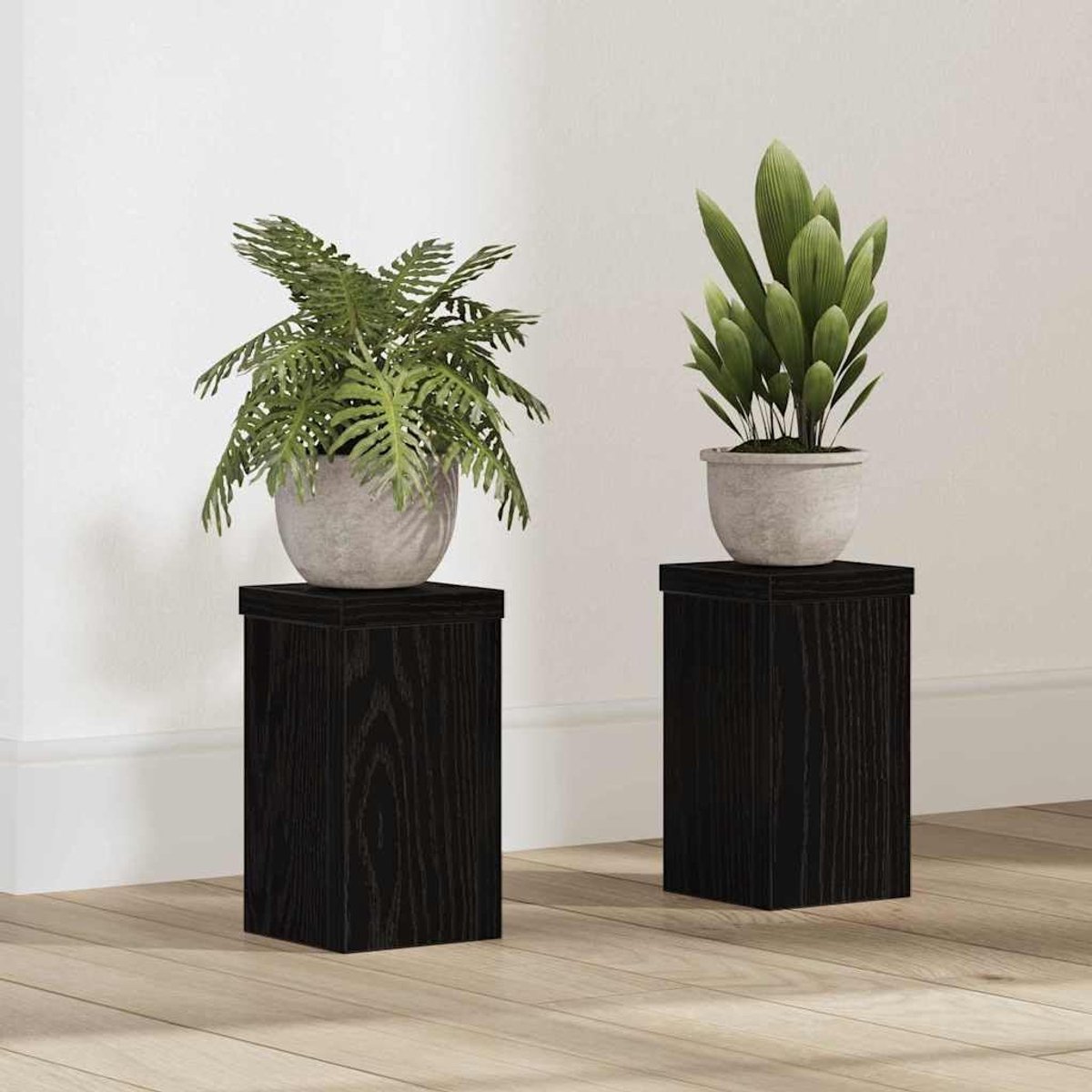 2 stuks, van technisch hout, zwart eiken, 10 x 10 x 18 cm, plantenstandaard voor binnen en buiten, modern design met verschillende hoogtes, eenvoudige montage