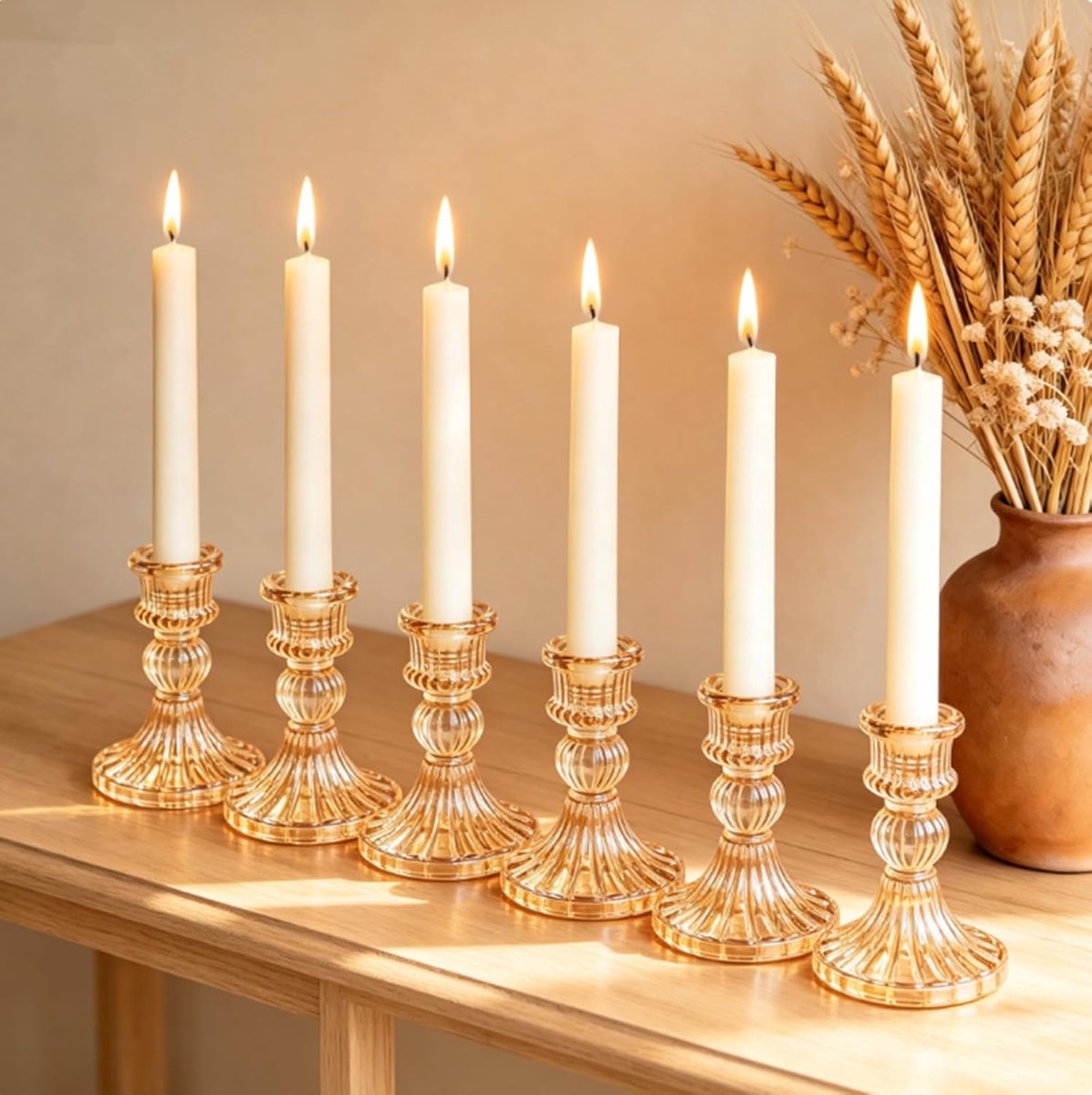 Glas 6 stuks amber theelichthouder kandelaar stompkaarsen 10 cm hoog voor staafkaars kaarsen eettafel feest Kerstmis Advent woonkamer vintage decoratie