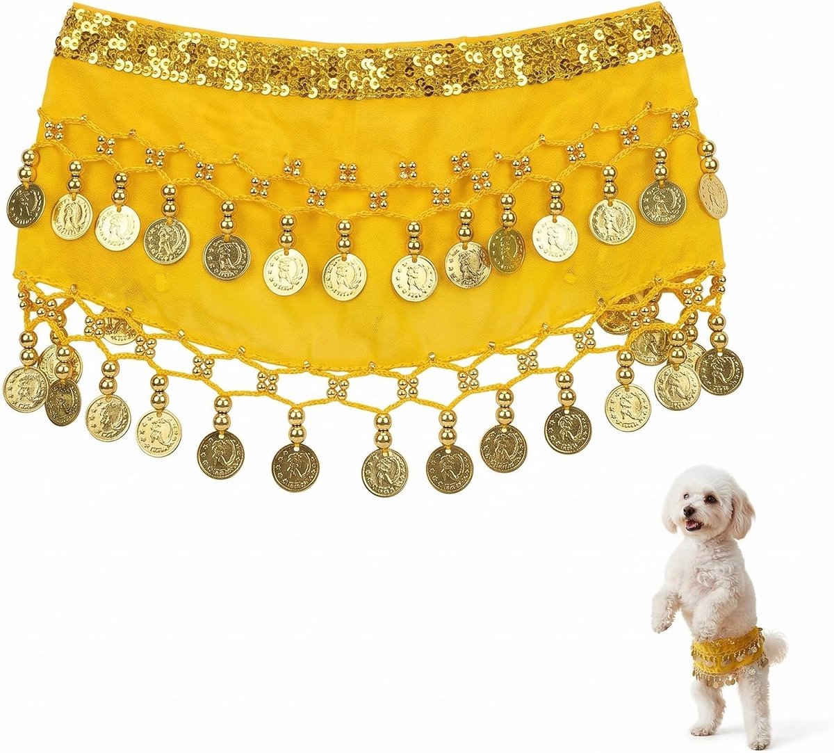 Buikdansrok met pailletten, glitter buikdans, heupdoek voor honden, verstelbaar, puppydanskostuum voor Halloween, feest, optredens, geel