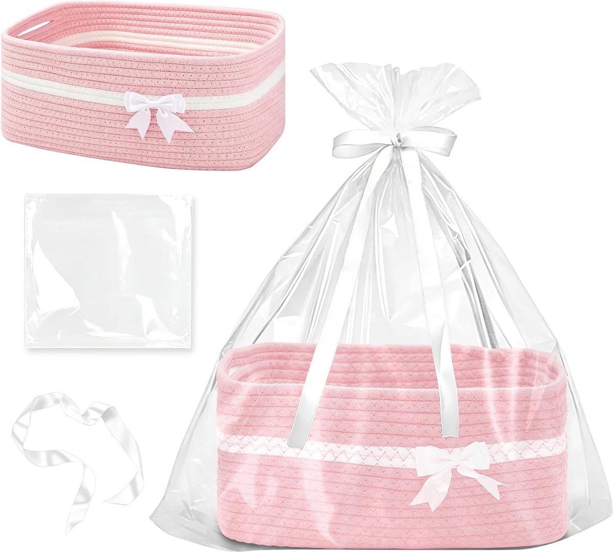 Leeg, groot, 32 x 24 x 15 cm, opbergmand, cadeaumand met zakken en strik, gevlochten met handgrepen, decoratieve mand voor verjaardag, bruiloft, babyshower, Kerstmis (roze)