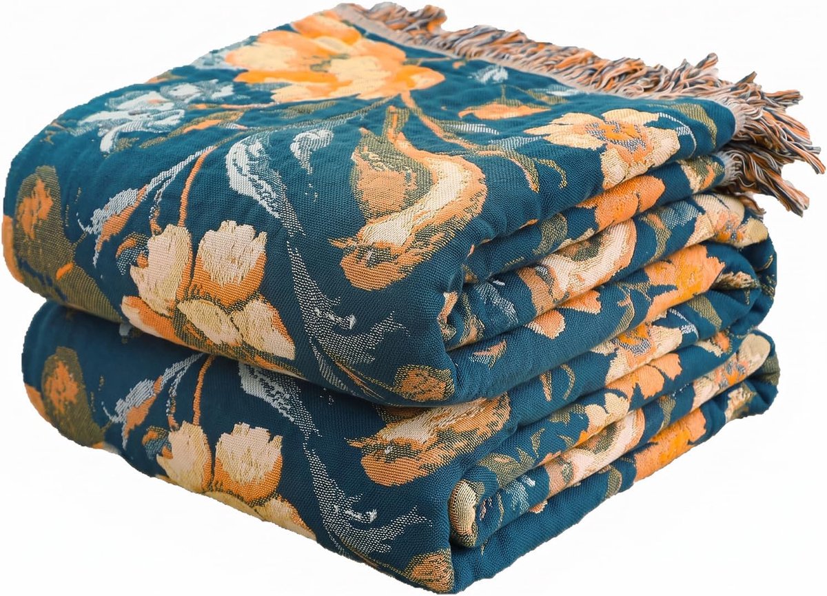 Mousseline deken 200 x 230 cm van 100% katoen, boho jacquard woondeken met franjes, bloemenpatroon, mousseline deken voor volwassenen als bankdeken en sprei voor bank en bed