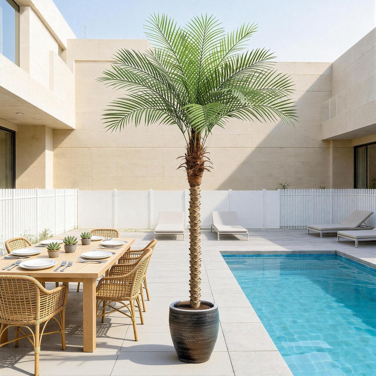 210 cm kunstmatige Phoenix-palmboom Hoge kunstmatige palmbomen met 15 bladeren, kunstmatige Phoenix-palmplanten voor buiten, terras, zwembad, thuiskantoor, woonkamer en tuin (1 stuk, 210 cm)
