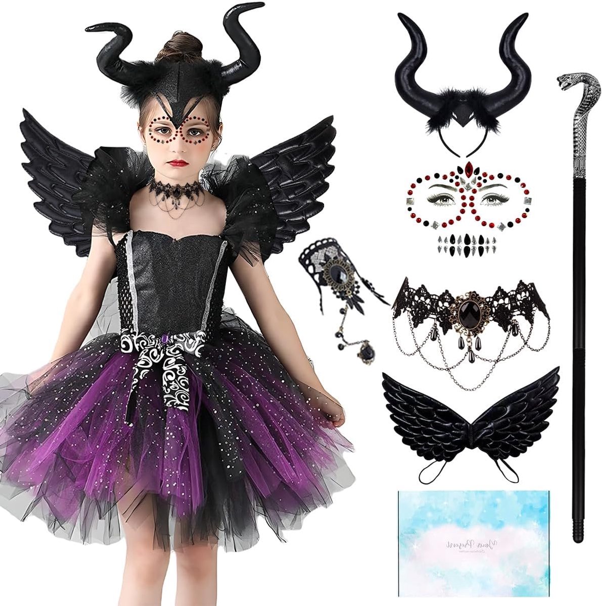 Kostuum voor kinderen, Halloween-jurk voor meisjes met hoorns, haarband, vleugels, toverstaf, halsketting en armband, heksenkostuum voor Halloween, carnaval, verkleedkleding, cosplay