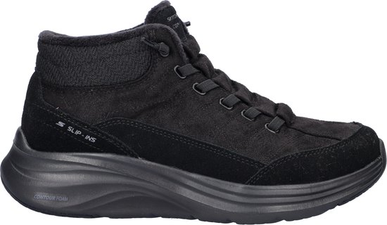 Zwarte Skechers Slip-Ins damesschoen met veters en bont. 'SLIP-INS' logo op zijkant.