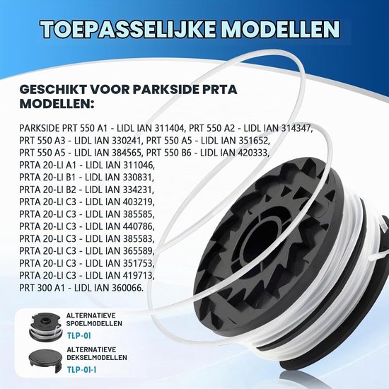 Pack van 6 Vervangende Trimmerdraad Spoelen voor Diverse Tuingereedschappen, Ø 1.6 mm 8.3 m, Inclusief 2 Caps, Ideaal voor Tuinonderhoud en Grastrimmen — afbeelding 2