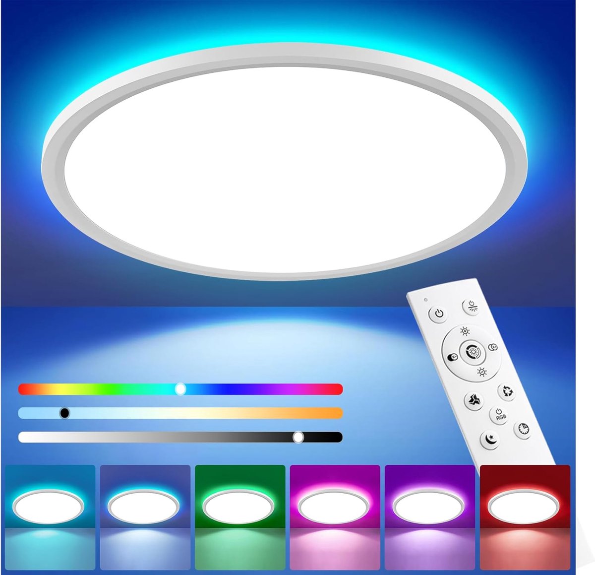 SnelShoppen - 30cm Dimbare LED Plafondlamp, 24W 3200LM IP44 Badkamer Verlichting met Afstandsbediening, RGB Kleuren, 3000-6500K, Timer en Geheugenfunc