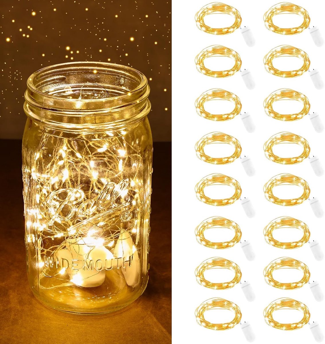 Draadloze LED Sprookjeslichtjes, 16 Stuks, 2m Lange Batterij Aangedreven Verlichting voor Slaapkamer, Kerst, Feest en Bruiloft Decoratie, Warm Wit Licht
