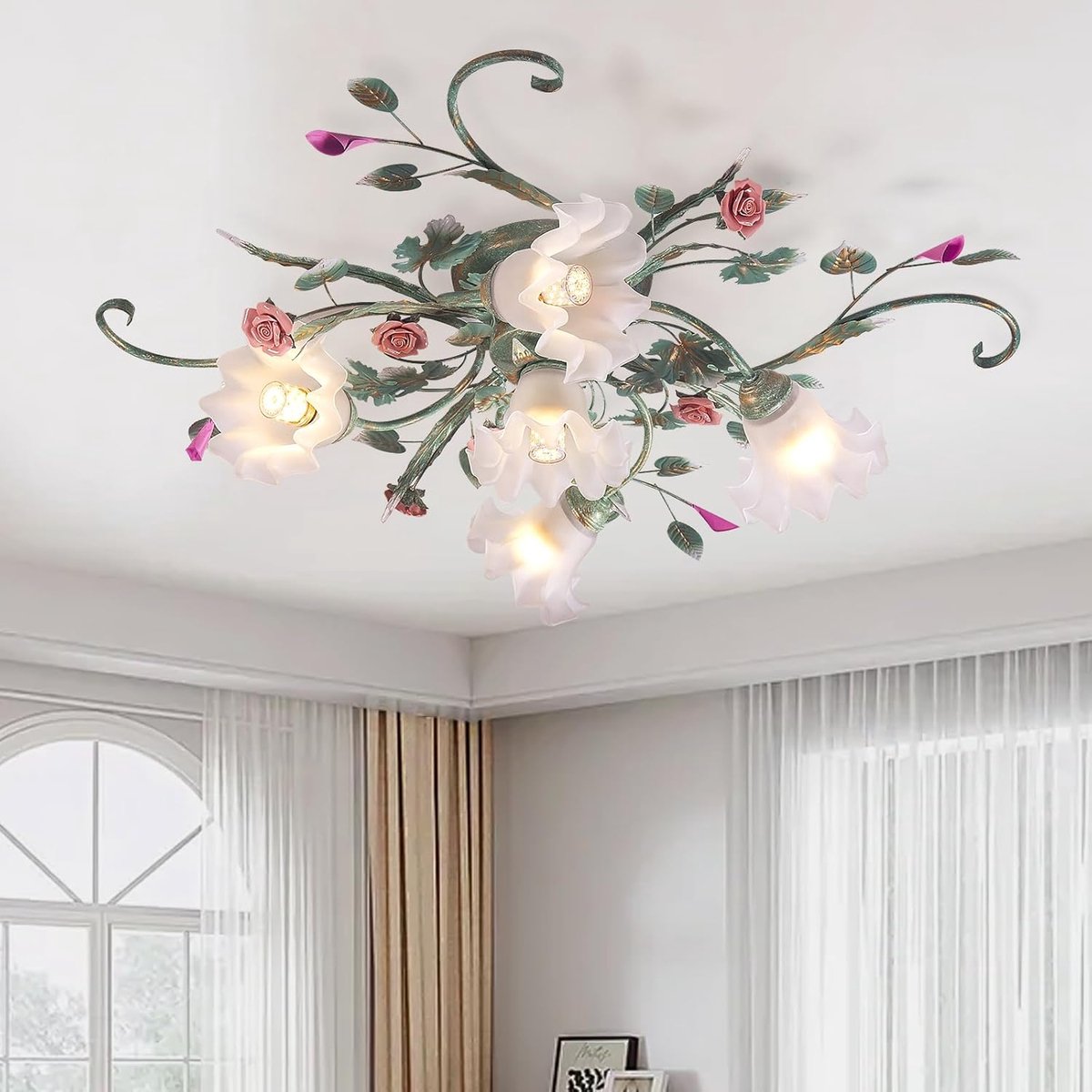 SnelShoppen - Vintage Led Country Villa Plafondlamp, Chandelier met Glazen Kap en Bloemontwerp, Perfect voor Slaapkamer, Woonkamer, Restaurant en Hal