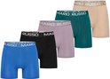 Vijf Mario Russo boxershorts in blauw, zwart, lila, groen en beige.