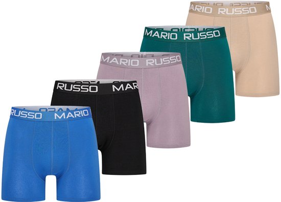 Vijf Mario Russo boxershorts in blauw, zwart, lila, groen en beige.
