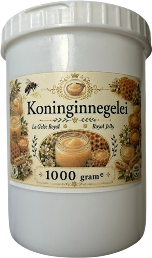 Witte pot Koninginnengelei "La Gelée Royale" "Royal Jelly" 1000 gram met bijen en honingraat illustraties.