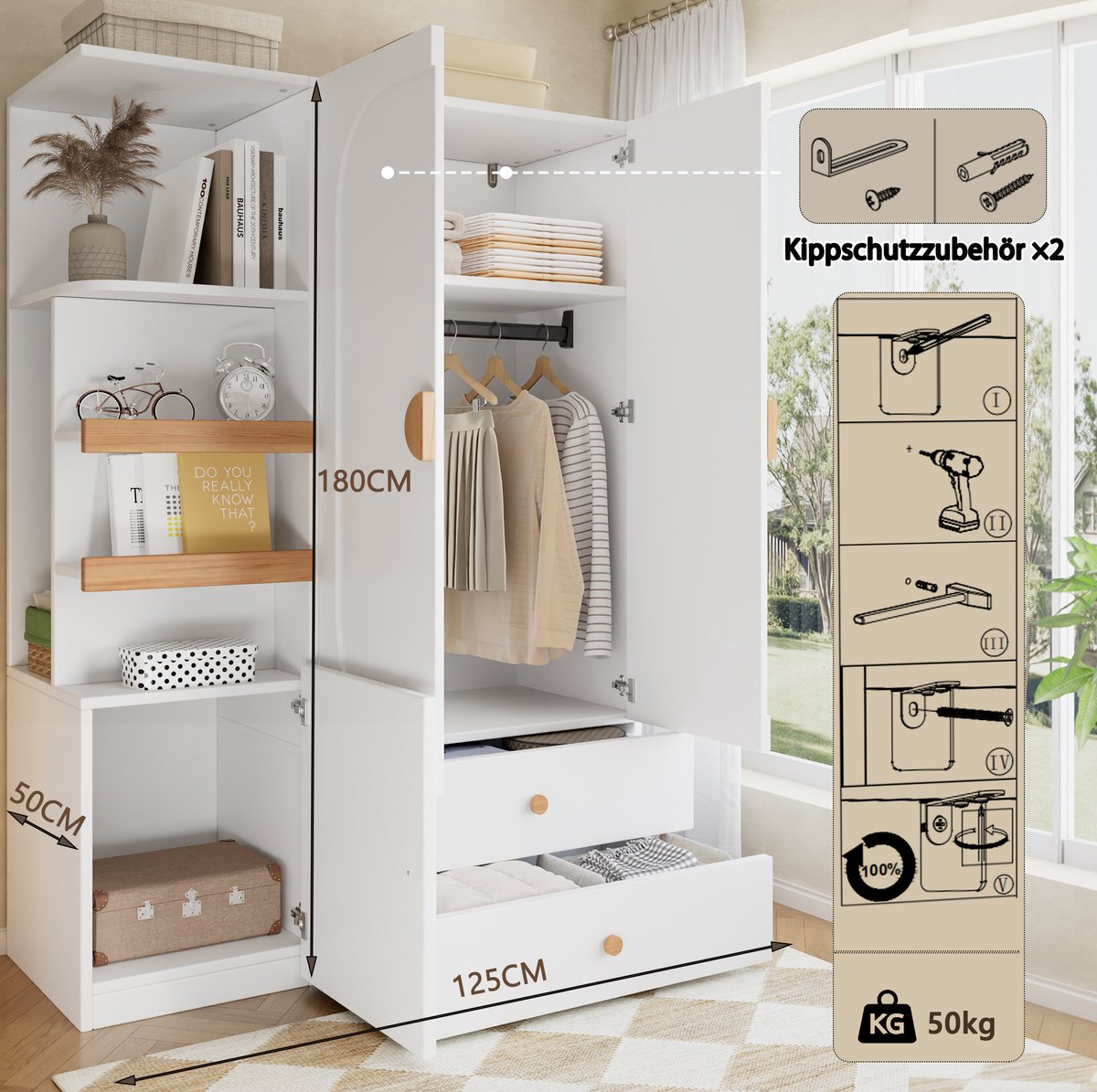 STILVORA Kledingkast - Kledingstang En Twee Laden - Voor Slaapkamer, Hal En Jeugdkamer - MDF - 125x50x180 Cm - Wit; Naturel