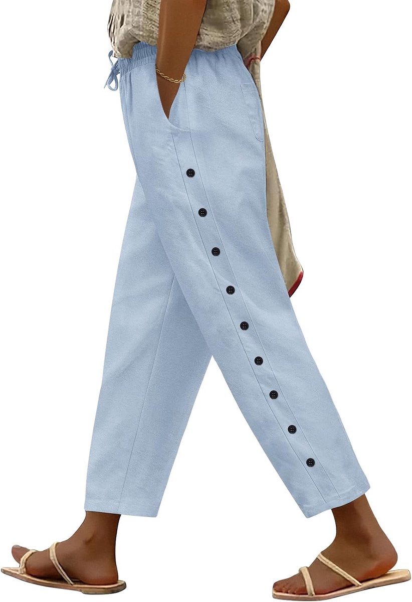Zomerbroek voor dames, licht en luchtig, 7/8 Palazzo broek, zomer, stoffen broek, breed, katoen, vrijetijdsbroek, plissé, ruimvallend, met zakken en elastiek, voor vakantie, strand, werk